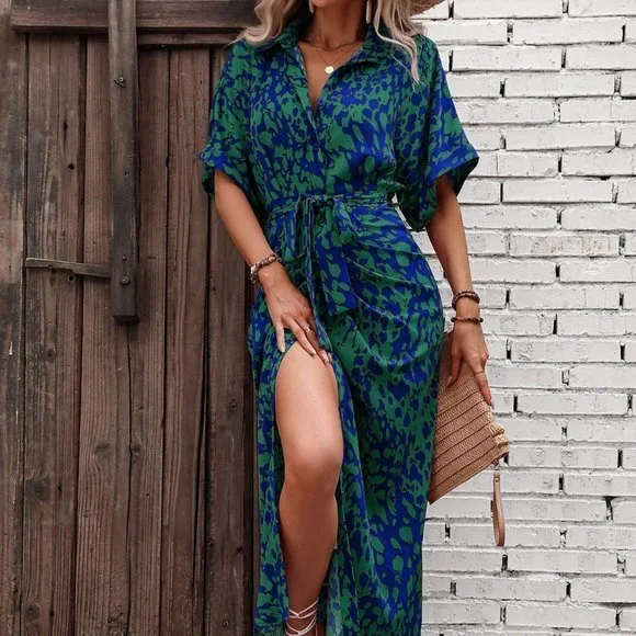 Multicolor Boho Womens Allover Print Batwing Sleeve Belted Shirt Dress - Picture 3 of 5